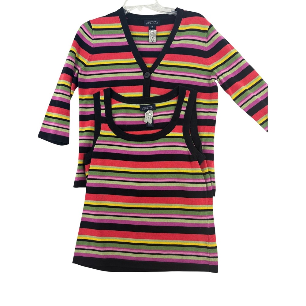 Jones New York‎ Signature Cardigan Womens M Twin Set Multicolor Striped Cotton